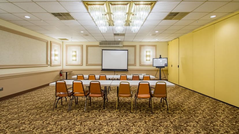 Well-lit meeting room with long table, ideal for corporate workshops and presentations.