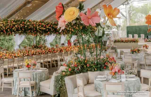 Elegant Bluebonnet Café event space with floral decor, ideal for weddings and garden parties.