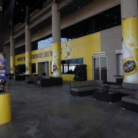 Turn 1 Terrace at Texas Motor Speedway: vibrant event space with lounge seating for networking.