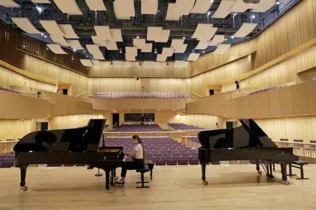 Van Cliburn Recital Hall with grand pianos, perfect for musical performances and events.