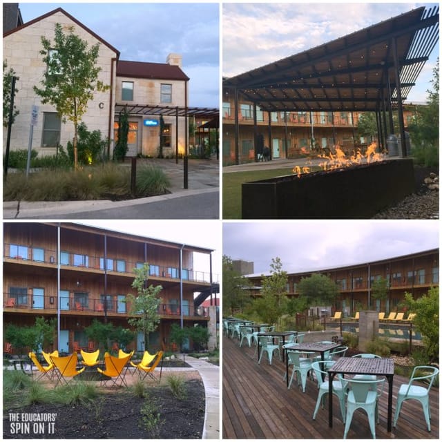 Outdoor courtyard at Lone Star Court with fire pit, perfect for events and networking.