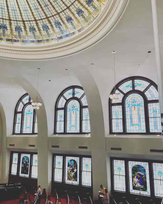 Elegant Tyler Street Tower with stained glass, ideal for weddings and corporate events.