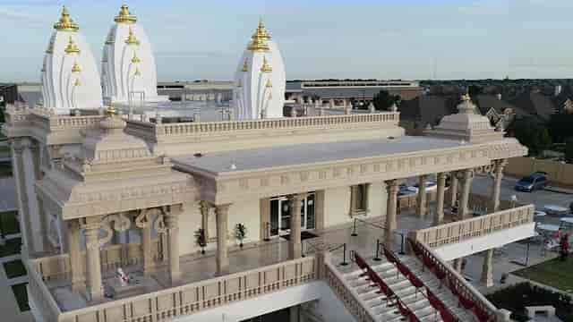 Main Hall at Radha Krishna Temple, elegant domes, perfect for weddings and ceremonies.