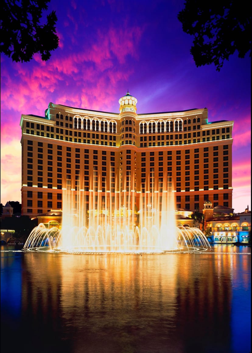 Bellagio Hotel fountain at sunset, ideal venue for luxury events and gatherings.