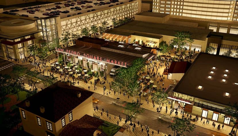 Vibrant Peralta Plaza in San Pedro Square Market, ideal for outdoor festivals and corporate events.