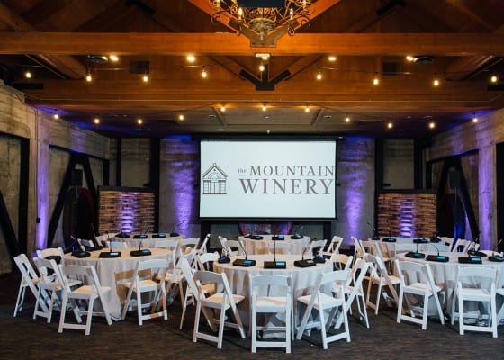 Elegant event space in The Grand Hall at The Mountain Winery, perfect for gatherings or presentations.
