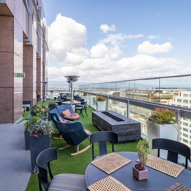 Rooftop terrace in Silicon Valley with fire pit, ideal for upscale events and gatherings.