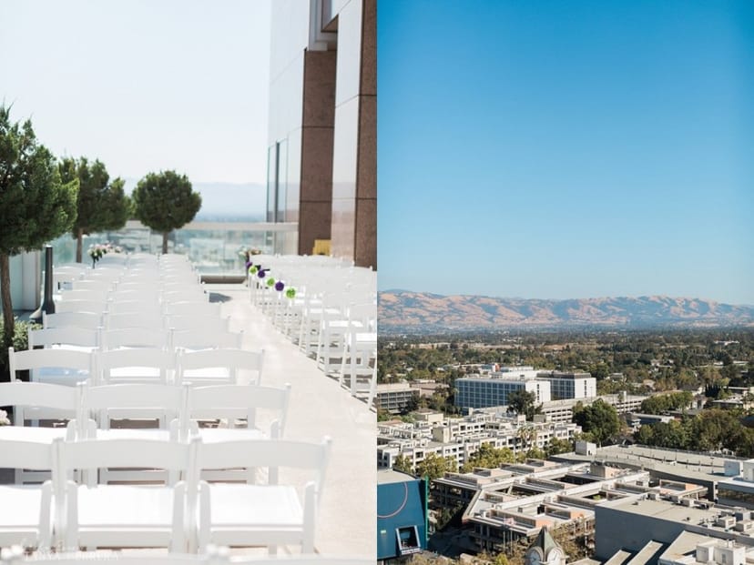 Rooftop patio event space in Silicon Valley with white chairs and mountain views, ideal for weddings.