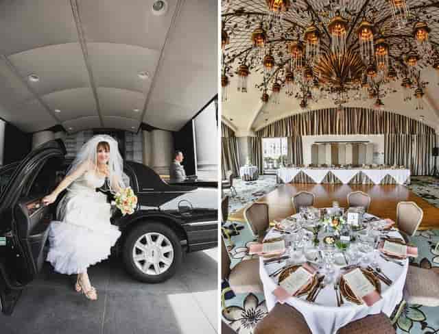 Elegant bride exits limousine at Fairmont San Francisco for a luxurious wedding celebration.