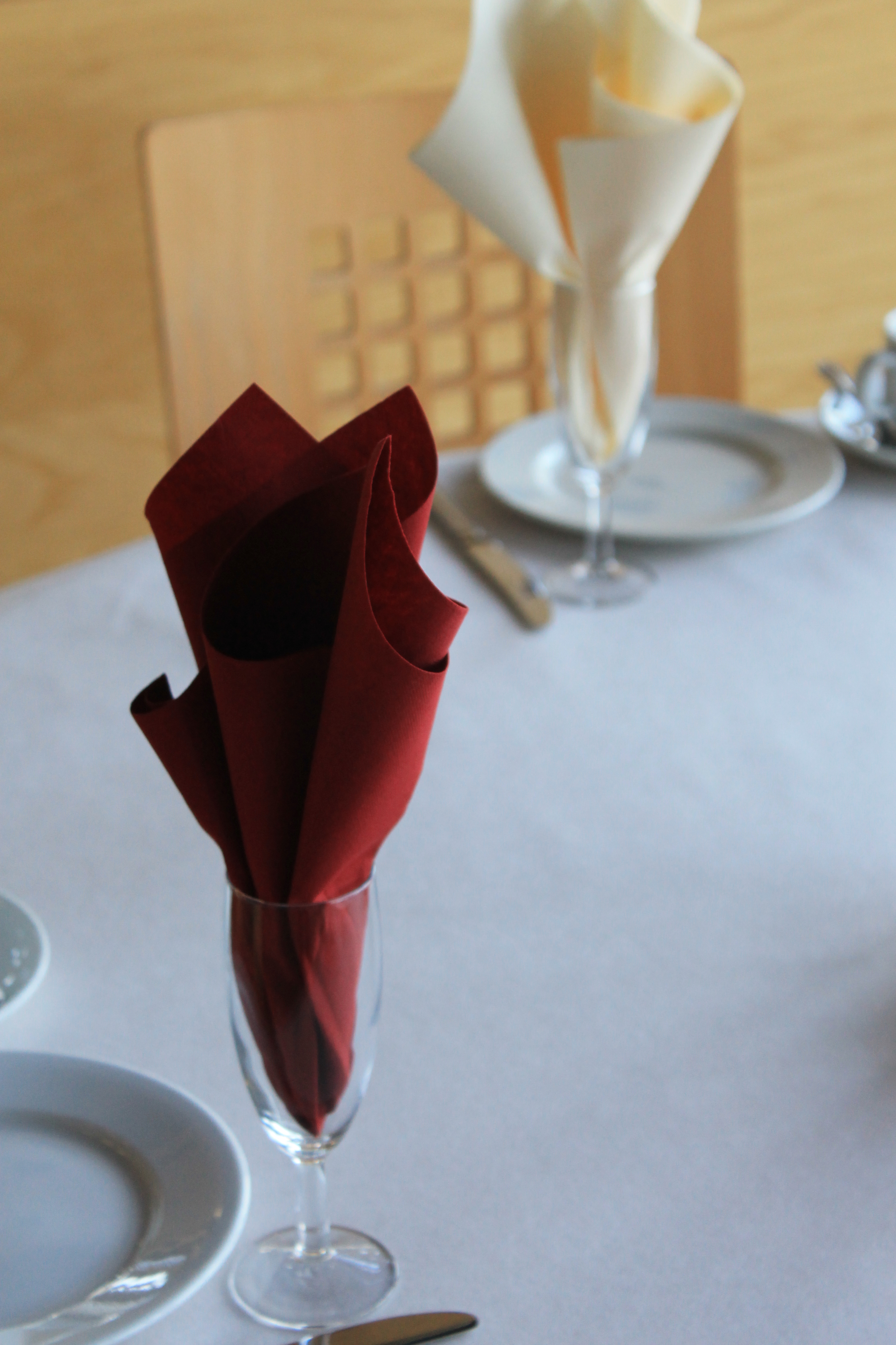 Lakeside View Room table setting with red napkin, perfect for formal events and celebrations.