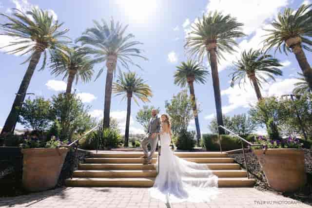 Elegant couple at Vineyard Terrace, Palm Event Center - perfect for weddings and upscale events.