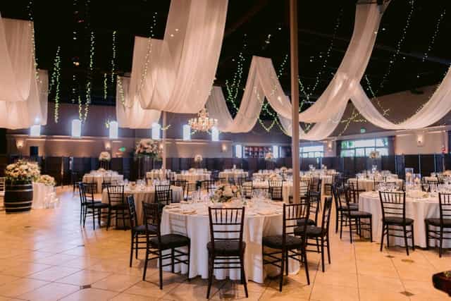 Elegant banquet hall at Palm Event Center, perfect for weddings and upscale gatherings.