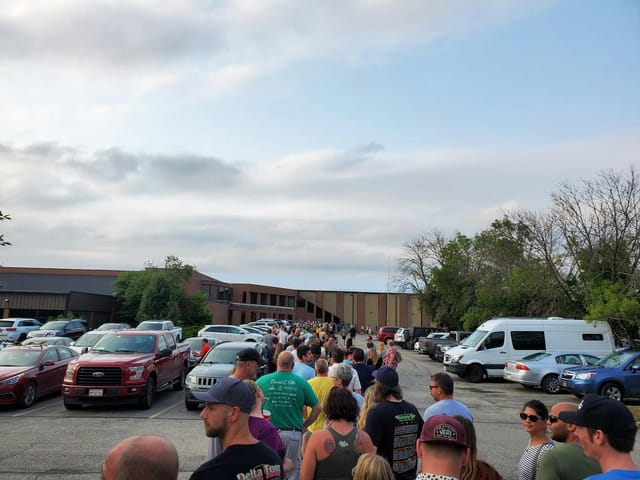 Horizon Events Center entrance with attendees in line for efficient event check-in.