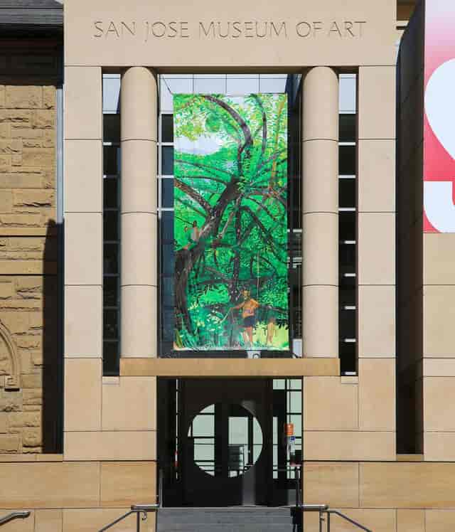 Charlotte Wendel Education Center mural, vibrant green nature scene, San José event venue.