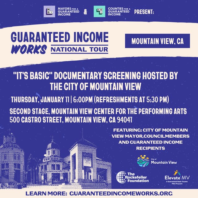 Promotional poster for guaranteed income documentary screening in Mountain View.