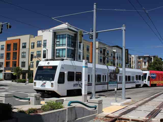 Light rail train at VTA Business Center, ideal venue for conferences and events.