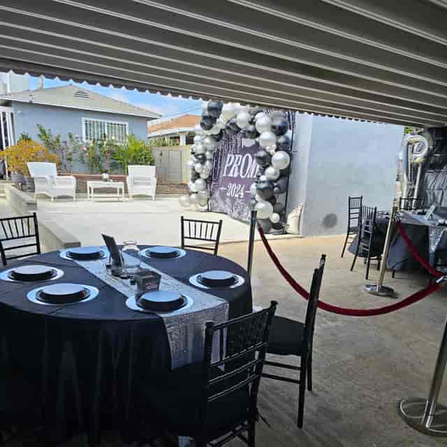 Baby shower outdoor setup with elegant black and silver decor at South Bay Event Center.