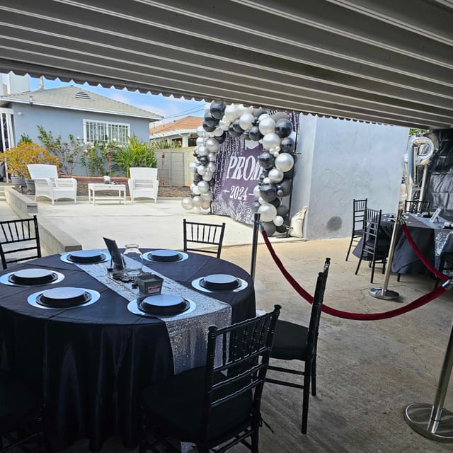Baby shower outdoor setup with elegant black and silver decor at South Bay Event Center.
