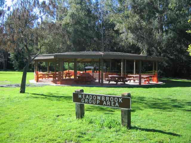 Spacious outdoor pavilion at Vasona Lake Park for picnics and team-building events.