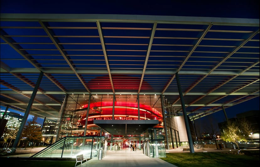 Skyline Terrace at Winspear Opera House, modern venue with red lighting for corporate events.