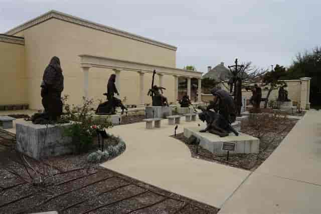 "Outdoor exhibition space with sculptures at Museum of Biblical Art for events and meetings."