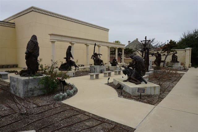 "Outdoor exhibition space with sculptures at Museum of Biblical Art for events and meetings."