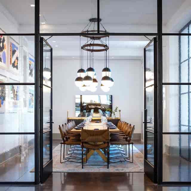 Modern conference room with sleek furniture, ideal for corporate meetings and events.
