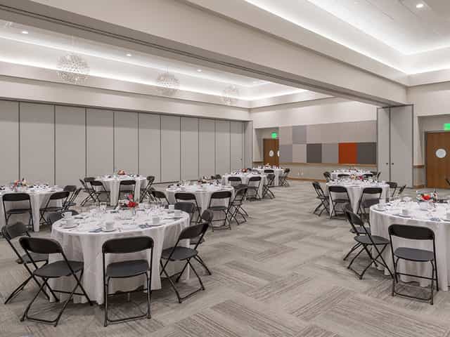 Briscoe Carpenter Livestock Pavilion dining setup for formal events and social gatherings.