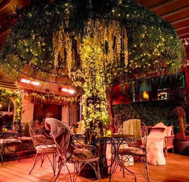 Outdoor cocktail bar with twinkling lights, perfect for weddings and private parties.