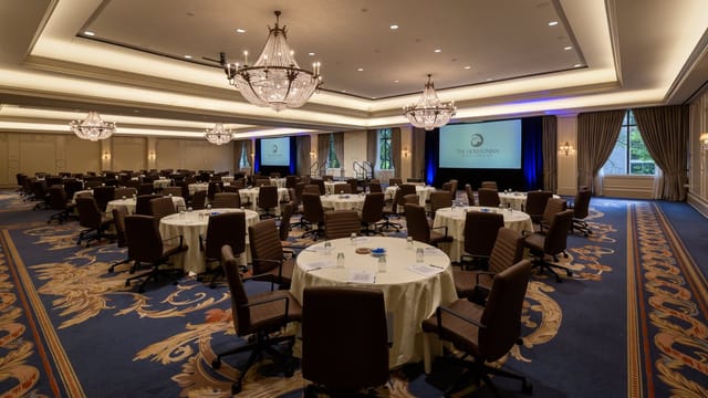 Elegant banquet hall at The Houstonian Hotel set for a conference event.