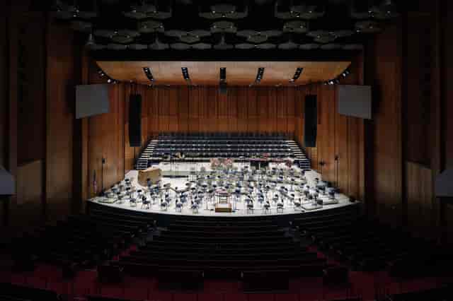 Lillie & Roy Cullen Theater, elegant concert hall with orchestra setup for performances.