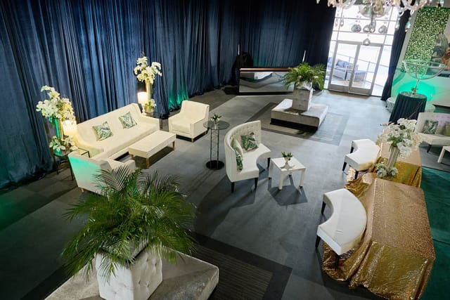 "Elegant event space with drapery in Buffalo Bayou Park for corporate gatherings."