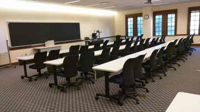 Function room at Rice University with classroom setup for corporate training and workshops.