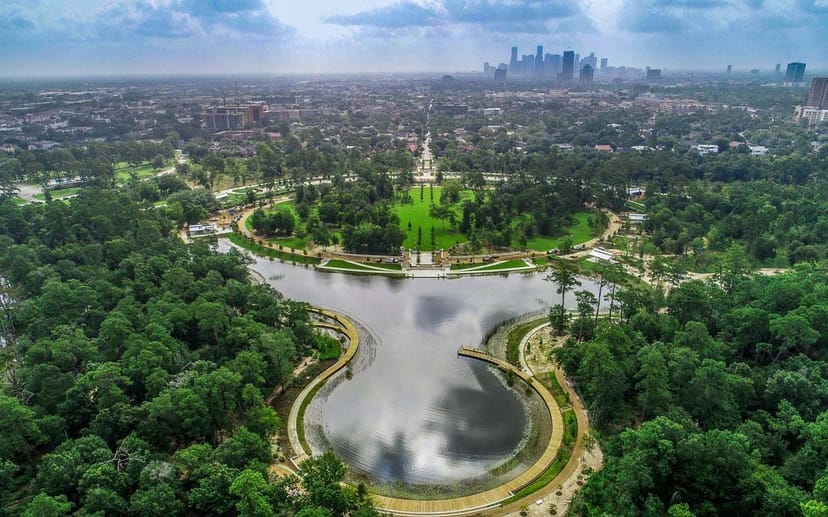 Aerial view of lush Clay Family Eastern Glades, ideal for outdoor events in Houston.