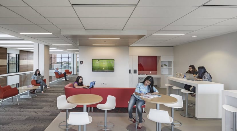 Modern CSHP Atrium at University of St. Thomas, perfect for networking and meetings.