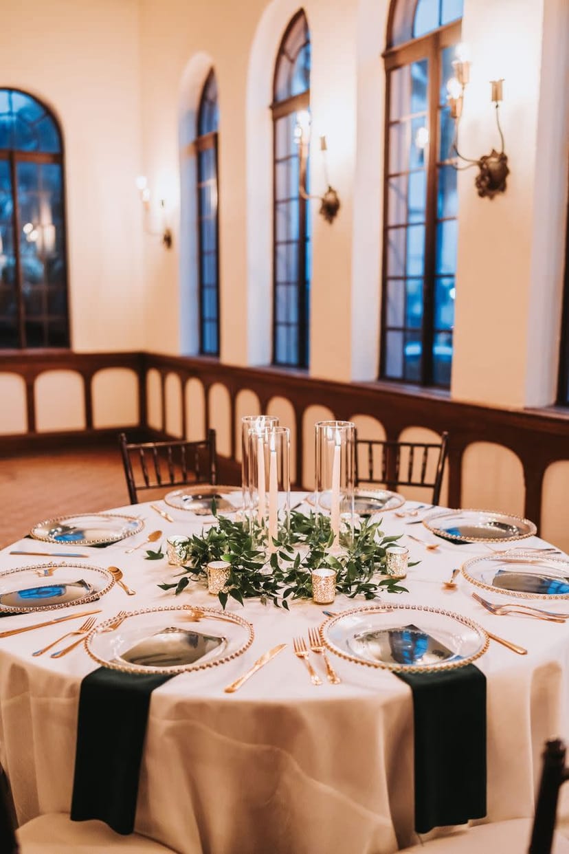 Elegant dining setup in The Cloister Room for intimate receptions and gatherings.