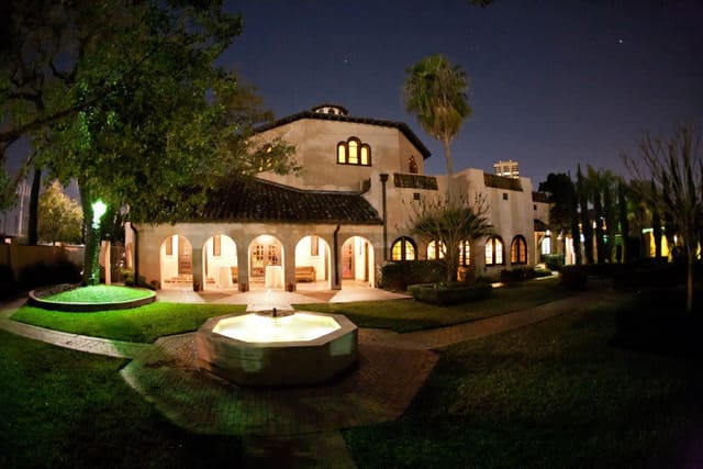 Cloister Room, elegant night venue with fountain for outdoor receptions and galas.