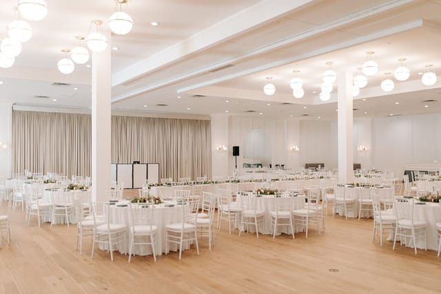 Spacious, elegantly designed ballroom for weddings and corporate events with natural light.