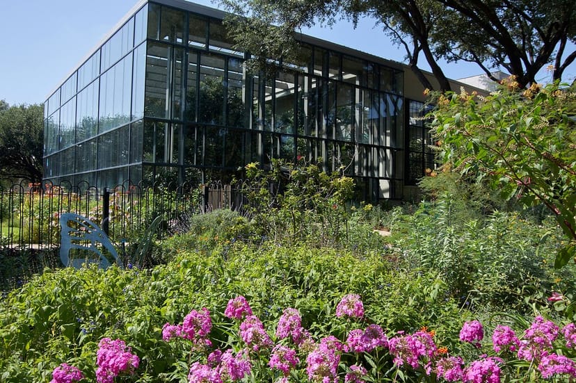 Butterfly House at Texas Discovery Gardens - modern glass venue for events amidst lush greenery.