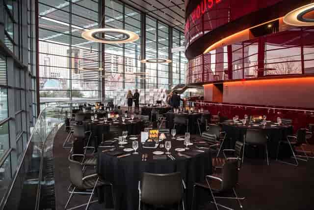 Hamon Hall at AT&T Center: modern event space with elegant tables for upscale gatherings.