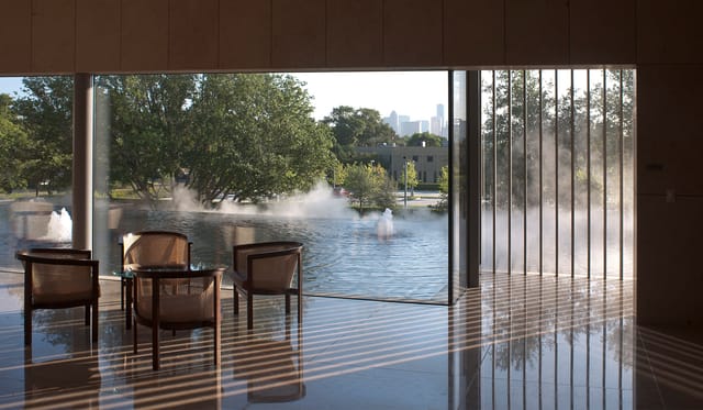 Water Garden Terrace in Asia Society Texas, serene meeting space for networking events.