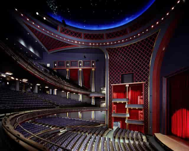 Sophisticated theater with tiered seating in The Hobby Center for Performing Arts.