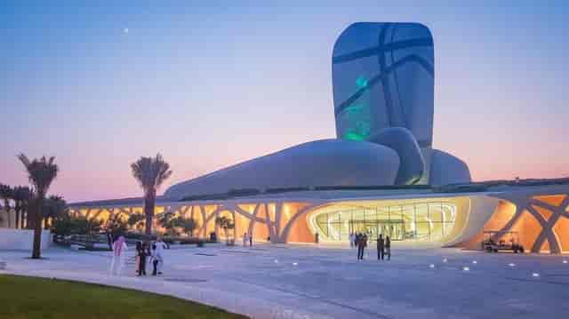 "Modern Knowledge Tower in Ithra, perfect for corporate events and social gatherings at sunset."