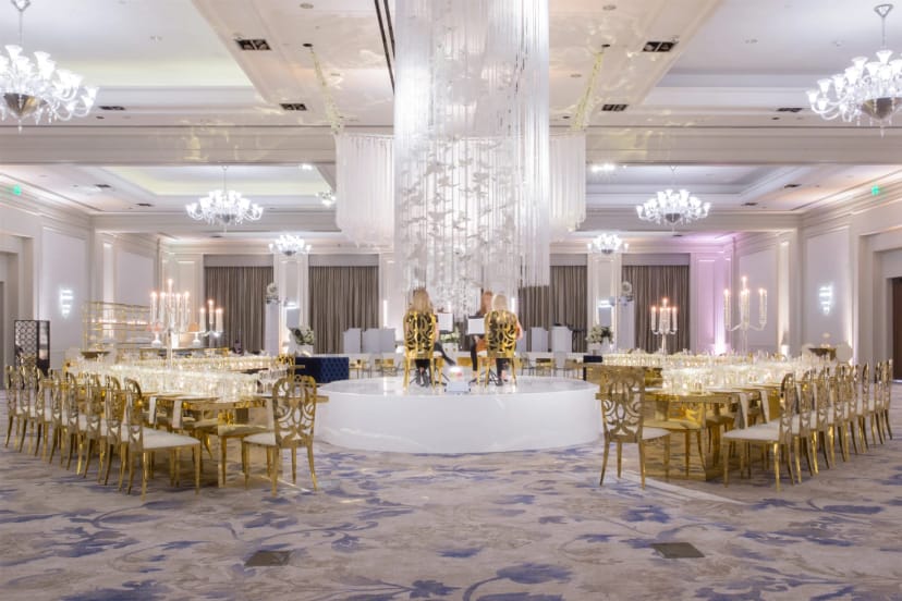 The Ritz-Carlton Ballroom with elegant chandeliers, ideal for weddings and galas.