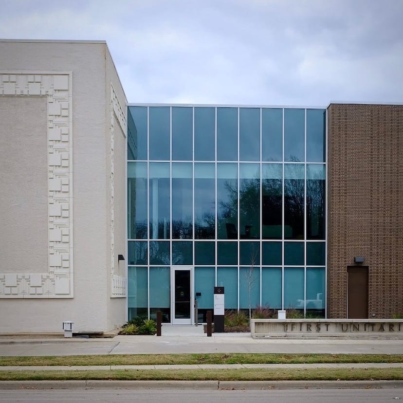 Modern classrooms with glass façade in First Unitarian Church, perfect for corporate events.