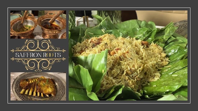 Main dining area at Saffron Roots featuring vibrant biryani for cultural events.