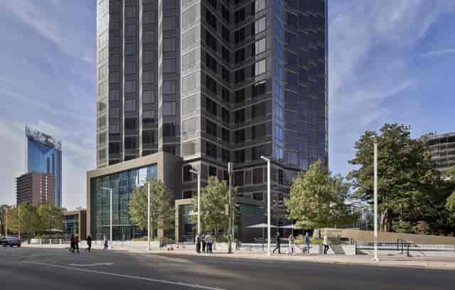 Outdoor Pavilion at Trammell Crow Center, sleek glass facade, corporate events venue.