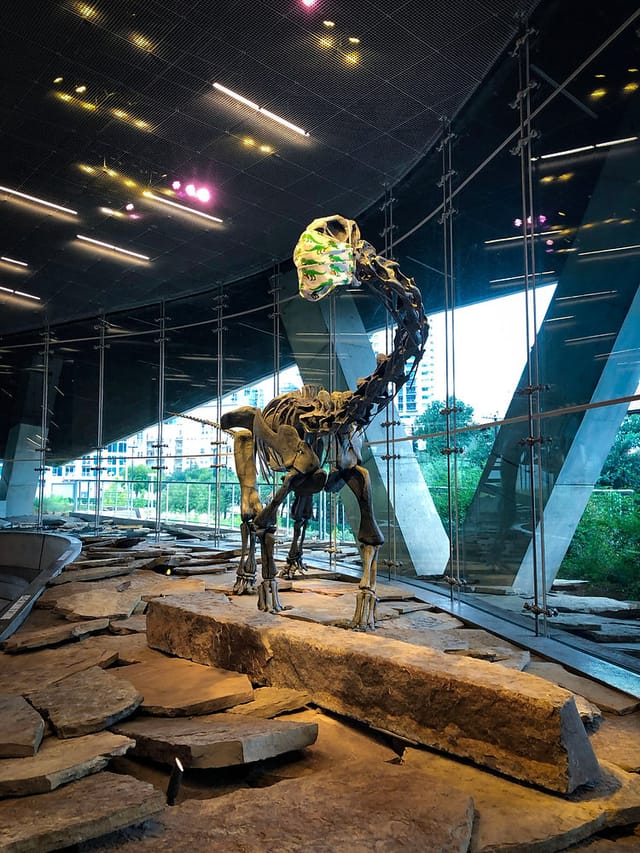 Dinosaur skeleton in modern Perot Museum, perfect for dynamic corporate events.