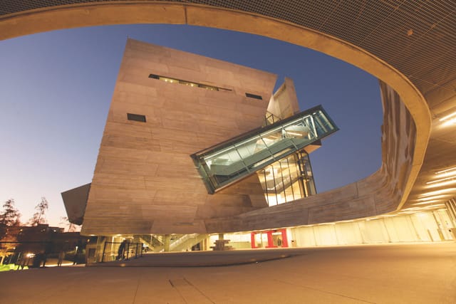 Modern Perot Museum building with unique design, perfect for conferences and exhibitions.