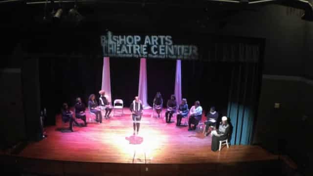 Theater stage setup with speakers for engaging workshops at Bishop Arts Theatre Center.